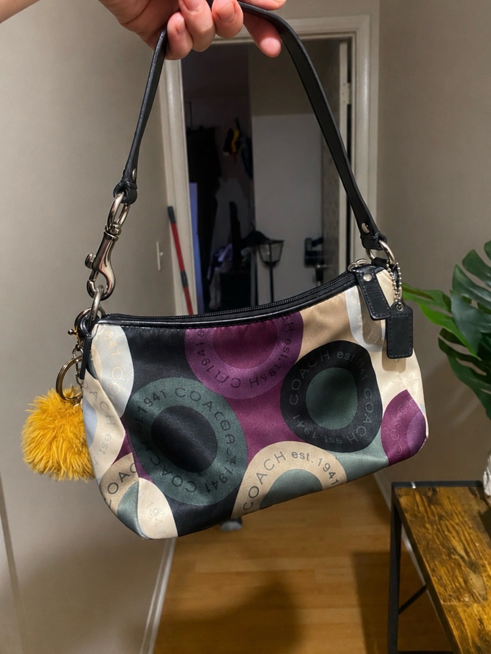 Coach Multicolor Circle Print Shoulder Bag — Black Strap with Yellow Pom